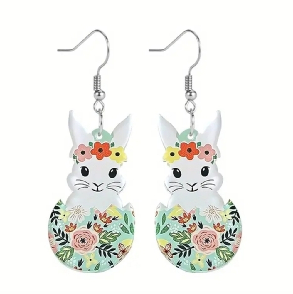 Easter Egg Flowered Design with Bunny Rabbit‎ Dangle Earrings